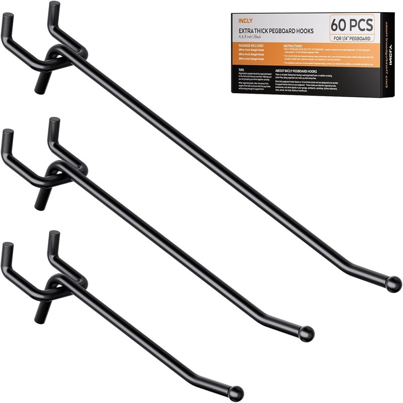 INCLY 60 Pack 4/6/8 Inch Black Pegboard Hooks, 1/4" Heavy Duty Peg Board Shelving Hooks Accessories, Peg Board Tool Hangers Fit 1/4" Pegboard for Organizing Garage, Craft Room, Kitchen, Store - Image 1